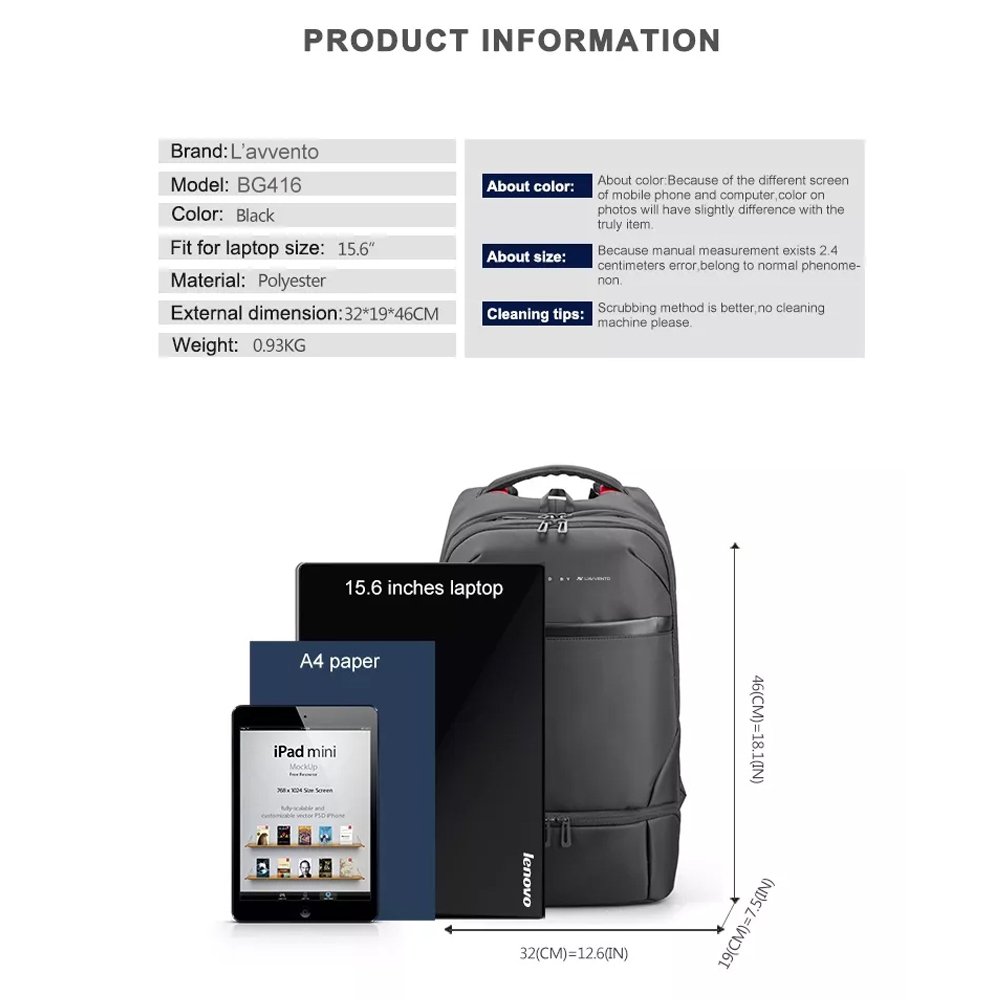 L'AVVENTO (BG416) Laptop Backpack Made by Water Repellent Polyester And PVC Materials fits up to 15.6" - Black لافينتو BG416 شنطة ظهر لابتوب حجم يصل الي 15.6 - أسود - الصورة 6