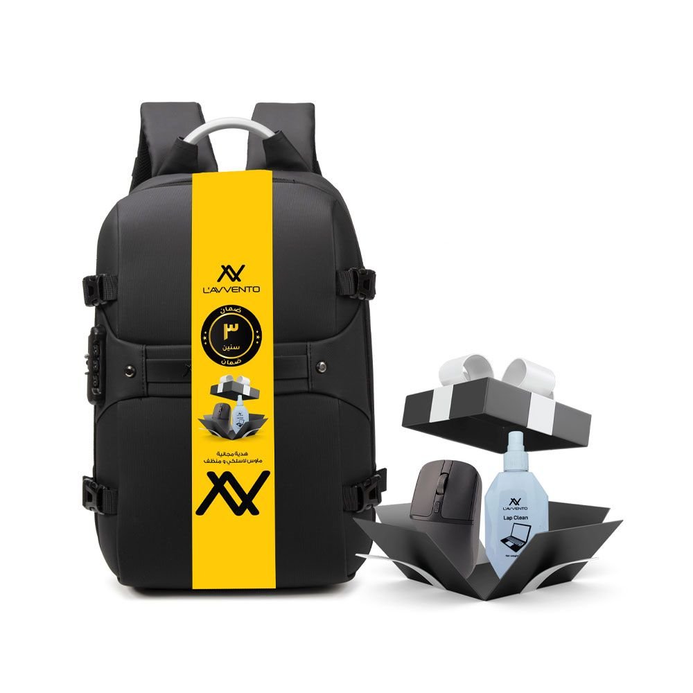 لافينتو (BGV06) شنطة ظهر Daily Laptop Anti-Theft - حجم يصل الى 15.6 بوصة مصنوعة من نايلون عالي الكثافة مقاوم للماء وبوليستر مع ماوس و منظف صغير - أسود